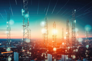Background image shows a 5G global network technology communication antenna tower for wireless high speed internet. Double exposure. Generative AI.
