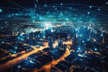 Internet of things, connected all devices to a network and communicate between. Night city landscape with connection wires. Concept. Generative AI.