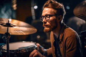 Obraz na płótnie Canvas Drummer plays rock on music festival. Generative AI