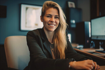 Fototapeta na wymiar Woman wearing a suit in a modern office. Generative AI