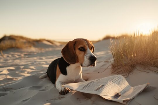 Group portrait photography of a bored beagle holding a newspaper in its mouth against sand dunes background. With generative AI technology