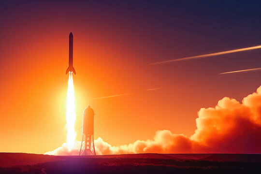 Rocket launch liftoff close up on launchpad. Falcon 9, Spacex rocket going to space, moon or Mars. Generative AI.