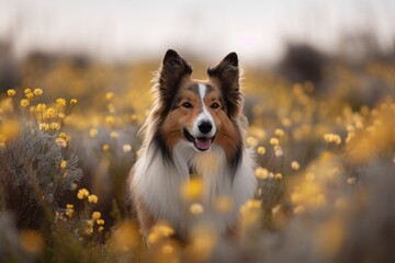 Lifestyle portrait photography of a happy shetland sheepdog being in a field of flowers against sand dunes background. With generative AI technology
