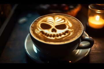 Cute glowing skeleton latte art. Generative AI