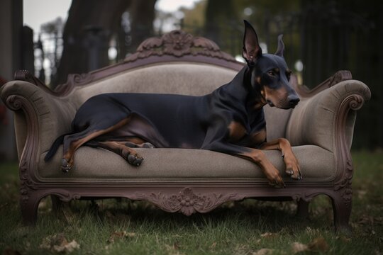 Full-length Portrait Photography Of A Curious Doberman Pinscher Sleeping On A Couch Against Cemeteries Background. With Generative AI Technology