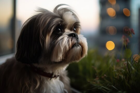 Headshot portrait photography of a happy shih tzu looking out a window against urban rooftop gardens background. With generative AI technology