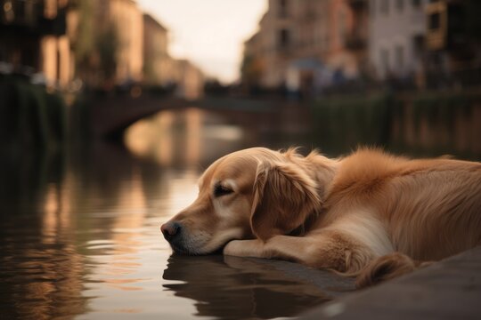 Lifestyle portrait photography of a curious golden retriever sleeping against canals and waterways background. With generative AI technology