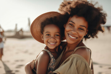 Fototapeta premium Smiling mom and beautiful girl having fun on the beach during summer vacation. Generative AI
