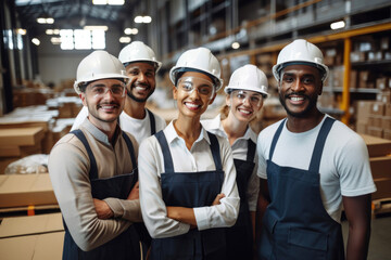 Happy workers on a factory floor. Generative AI