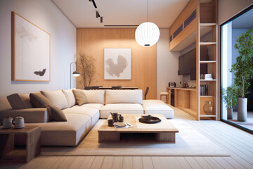 Naklejka na ściany i meble Living room for interior architecture with Japan style, Contemporary Japanese style with a focus on minimalism