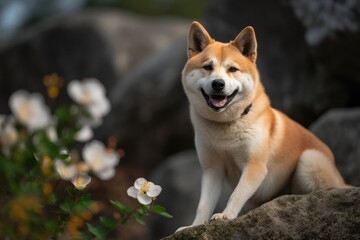 Full-length portrait photography of a happy akita inu having a flower in its mouth against rock formations background. With generative AI technology