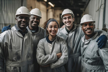 Group of happy clothing factory workers inside production area. Generative AI