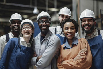 Diversity, team and portrait of engineering employees standing in an industrial office. Generative AI