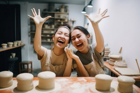 Two happy shop owners celebrating their achievement as a team. Generative AI