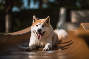 Medium shot portrait photography of a happy akita inu sliding down a slide against fountains and water features background. With generative AI technology