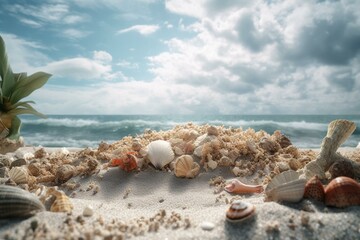 Fototapeta na wymiar A 3D stage with coral, shells on sandy beach and cloudy background. Generative AI