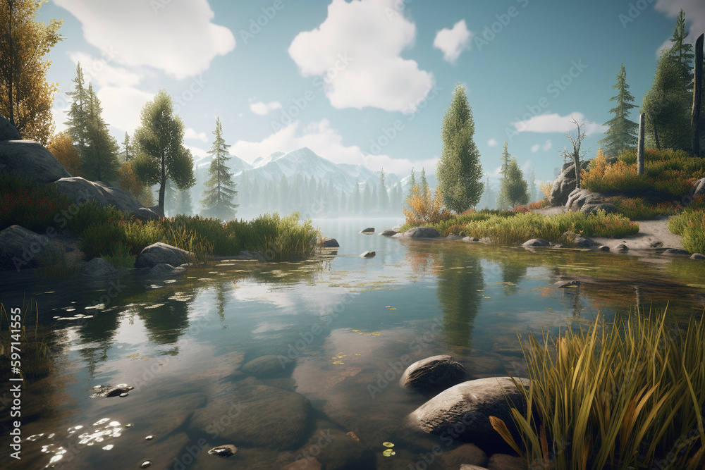 Canvas Prints peaceful lake surrounded by trees and mountains generative ai