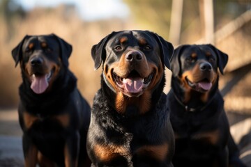 Obraz premium Group portrait photography of a happy rottweiler being at a dog park against natural arches and bridges background. With generative AI technology