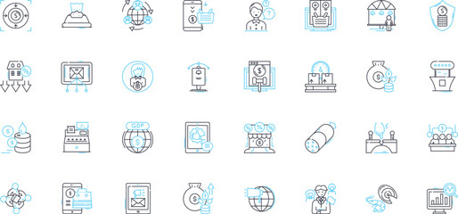 Technology advancement linear icons set. Innovation, Artificial intelligence, Augmented reality, Blockchain, Cloud computing, Cybersecurity, Data analytics line vector and concept signs