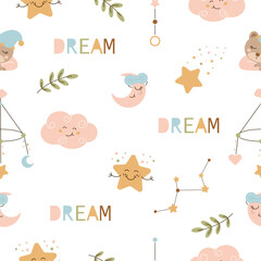 Childish simple seamless pattern. Cute pattern with moon, sleeping bear, stars, clouds.