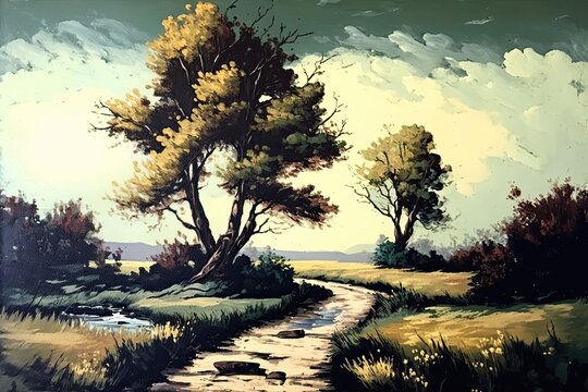 a painting of a path leading to horizon, europenean scene painting, oil on canvas, detailed painting, rare yellowish trees and white skies in background, AI generated