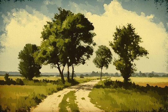 a painting of a path leading to horizon, europenean scene painting, oil on canvas, detailed painting, rare green trees and blue skies in background, AI generated