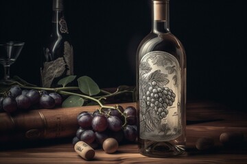 Engraved sketch of wine bottle and grapes with transparent background. Generative AI