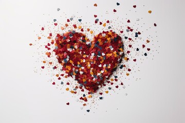 A heart made of heart-shaped confetti on a white background. Generative AI