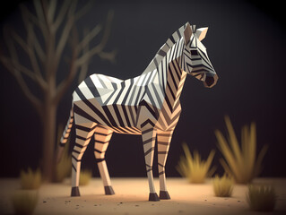 Zebra portrait in low poly style in nature or habitat, AI generated