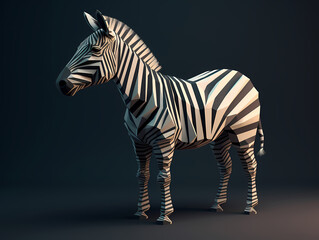 Zebra portrait in low poly style on a dark background, AI generated
