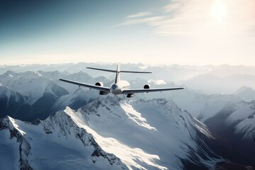 Aircraft soaring above snow-capped mountains in the morning. Generative AI