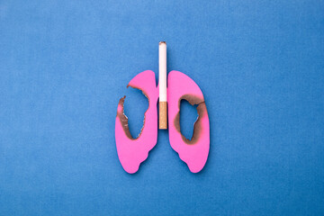 Lung burn and Cigarette made of paper cut on blue background. world no tobacco day concept.