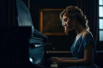 Fototapeta na wymiar Young woman playing piano. Generative AI