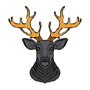 gray deer with golden antlers, torn black outline	
