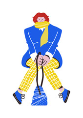 Seated woman holding the strap of her handbag. Stylized shapes, vector character. 