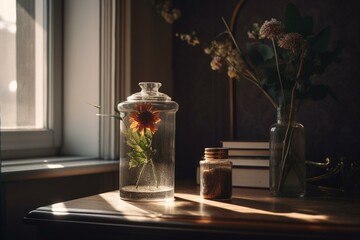 Simple room decor brightened up with floral accents - featuring flower and leaf jar in sunlight. Generative AI