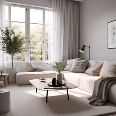 Scandinavian-style living room, minimalistic design, cozy atmosphere, neutral color palette, Nordic home decor