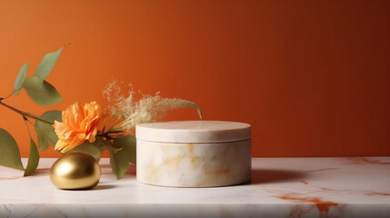 Marble Orange Table Top, Round Podium Pedestal, Abstract Cosmetic Beauty Background. Showcase Product Mock up Display, Back Drop, Empty Luxury Presentation Scene with Spring Flowers. Generative AI