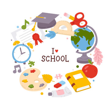 A circle of vector cartoon  school items including a globe, a book,a clock, leaves, a graduation hat, an apple