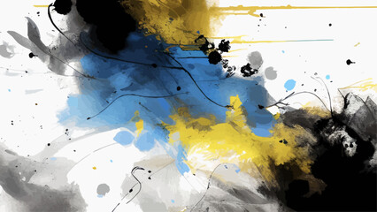 Abstract modern art. Blue, yellow and black color splashes on white background. Wide watercolor banner template. Colorful cloud or explosion. Colors of Ukrainian flag. Realistic vector illustration