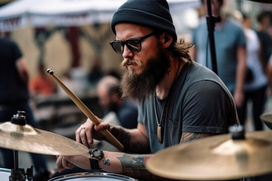 Attractive something man plays drums in a band. Generative AI
