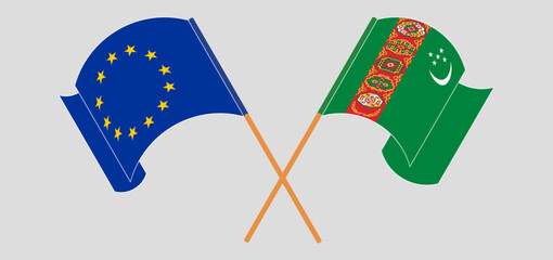 Crossed flags of the European Union and Turkmenistan. Official colors. Correct proportion