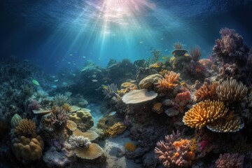 Stunning photograph of a coral reef, showcasing vibrant colors and diverse marine life in their underwater world. Created with generative A.I. technology.