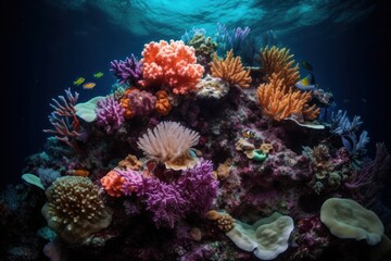Fototapeta na wymiar Stunning photograph of a coral reef, showcasing vibrant colors and diverse marine life in their underwater world. Created with generative A.I. technology.