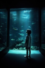 Stunning photograph of a child standing by a huge aquarium glass in a dark room, captured with dramatic lighting that evokes mystery and wonder. Created with generative A.I. technology.