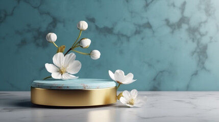 Fototapeta na wymiar Marble Blue Gold Table Top, Round Podium Pedestal, Abstract Cosmetic Beauty Background. Showcase Product Mock up Display, Back Drop, Empty Luxury Presentation Scene with Spring Flowers. Generative AI