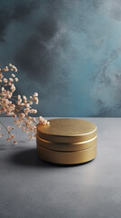 Marble Blue Gold Table Top, Round Podium Pedestal, Abstract Cosmetic Beauty Background. Showcase Product Mock up Display, Back Drop, Empty Luxury Presentation Scene with Spring Flowers. Generative AI