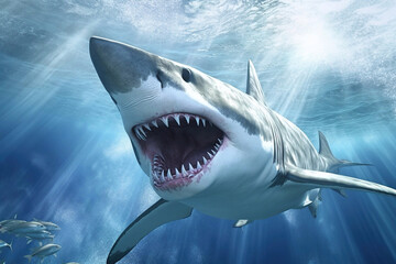 Obraz premium Shark Swimming Under a Clear Blue Sea, Generative AI