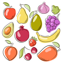Fruits, berry flat line icons collection. Big set of icons. Pomegranate, avocado, cherry, mango, peach.