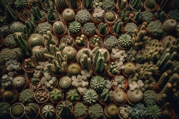 Fototapeta na wymiar Bird's-eye view of solitary cactus plants arranged neatly, succulent flatlay sketch. Generative AI